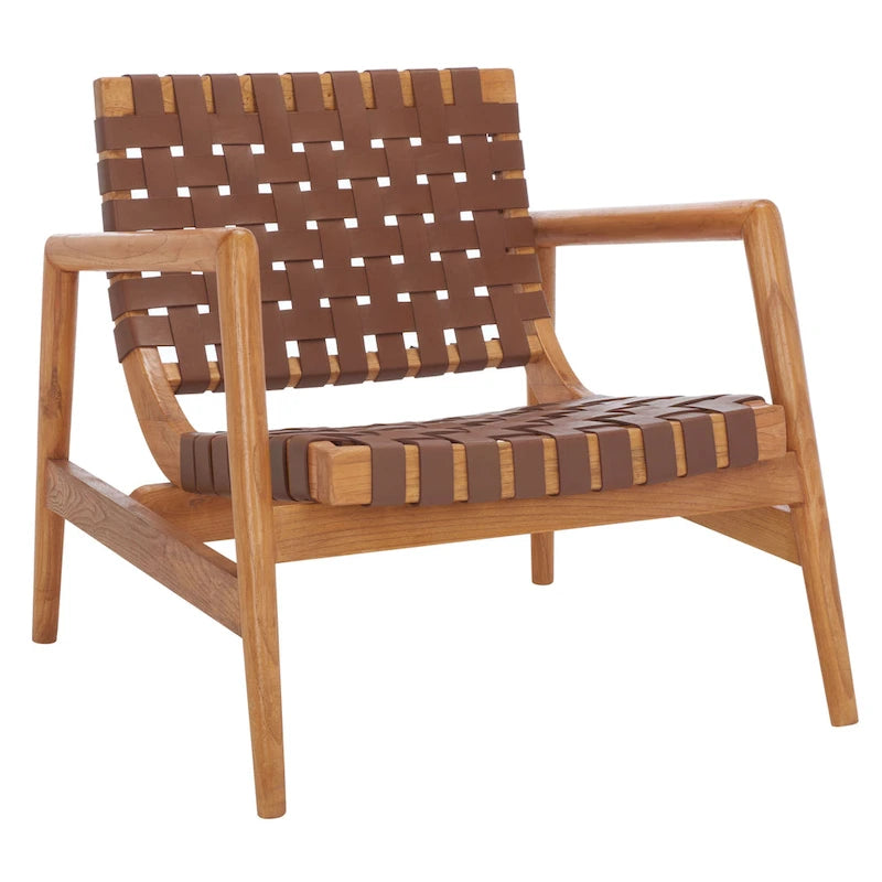 Fauteuil Scandinave Rétro en Cuir Tressé Noir / Cognac / Blanc avec Cadre en Bois Naturel – 1 Place
