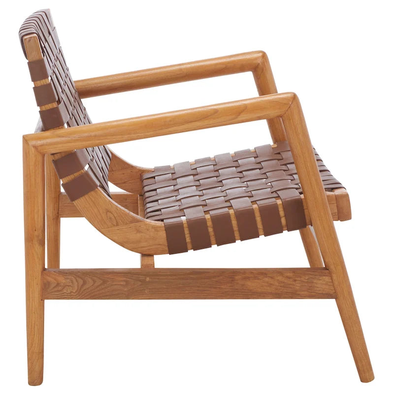 Fauteuil Scandinave Rétro en Cuir Tressé Noir / Cognac / Blanc avec Cadre en Bois Naturel – 1 Place