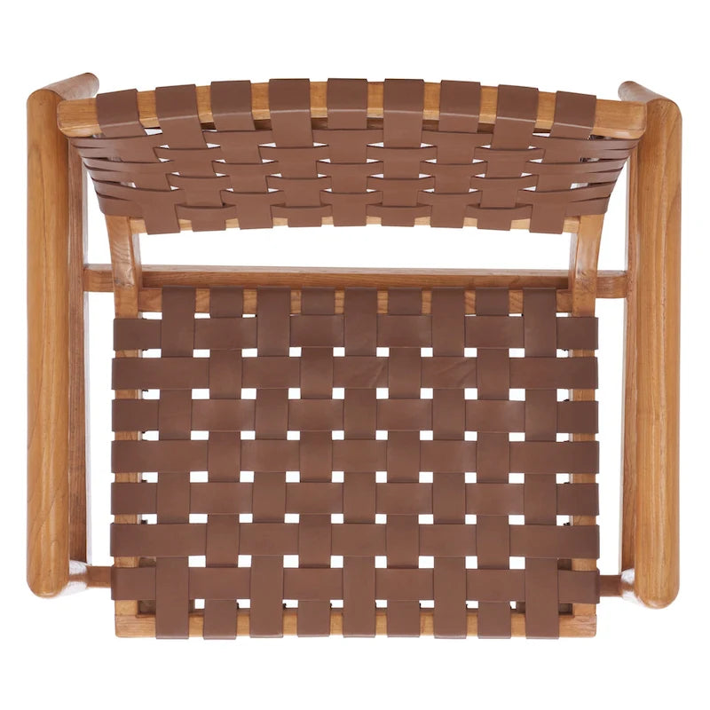 Fauteuil Scandinave Rétro en Cuir Tressé Noir / Cognac / Blanc avec Cadre en Bois Naturel – 1 Place