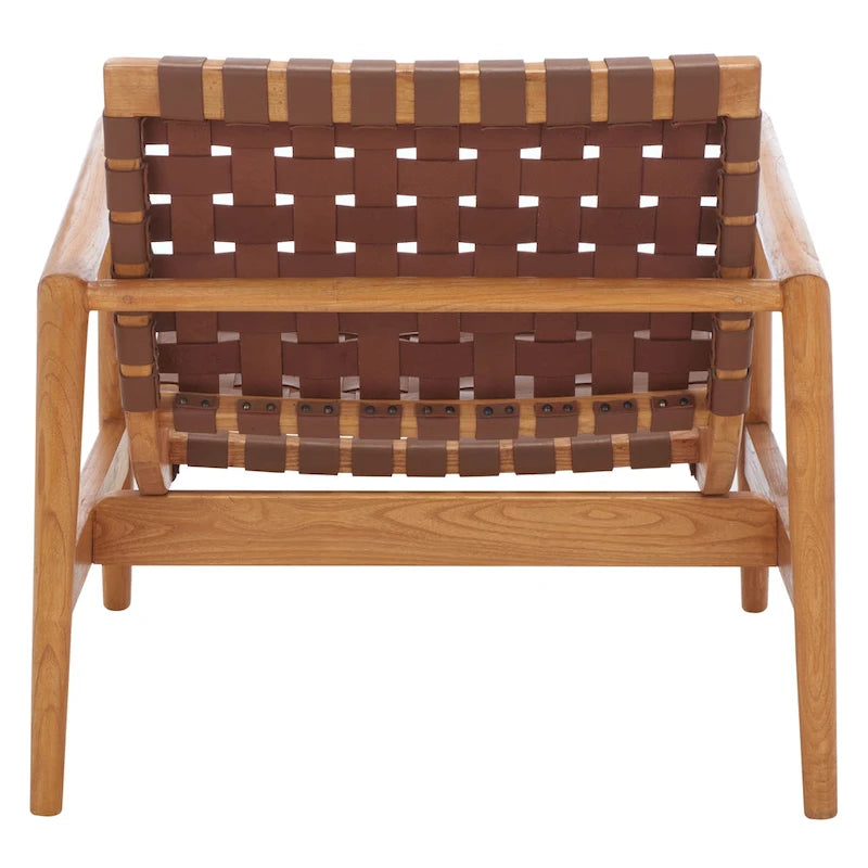 Fauteuil Scandinave Rétro en Cuir Tressé Noir / Cognac / Blanc avec Cadre en Bois Naturel – 1 Place