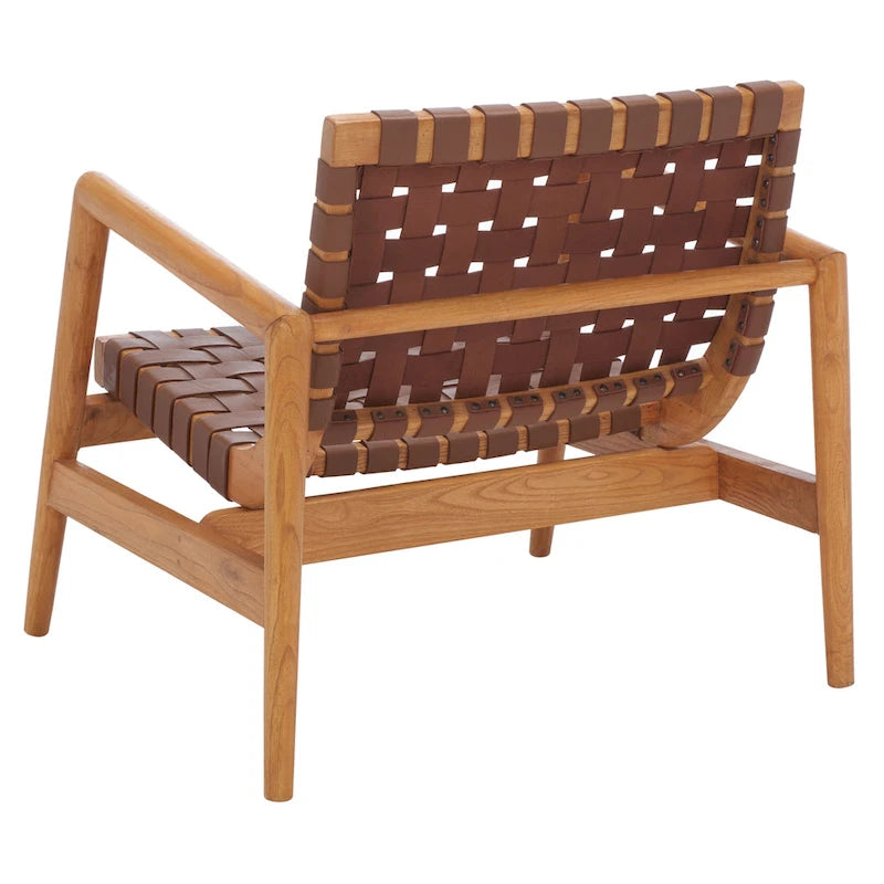 Fauteuil Scandinave Rétro en Cuir Tressé Noir / Cognac / Blanc avec Cadre en Bois Naturel – 1 Place
