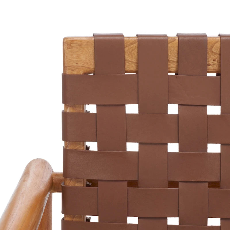 Fauteuil Scandinave Rétro en Cuir Tressé Noir / Cognac / Blanc avec Cadre en Bois Naturel – 1 Place