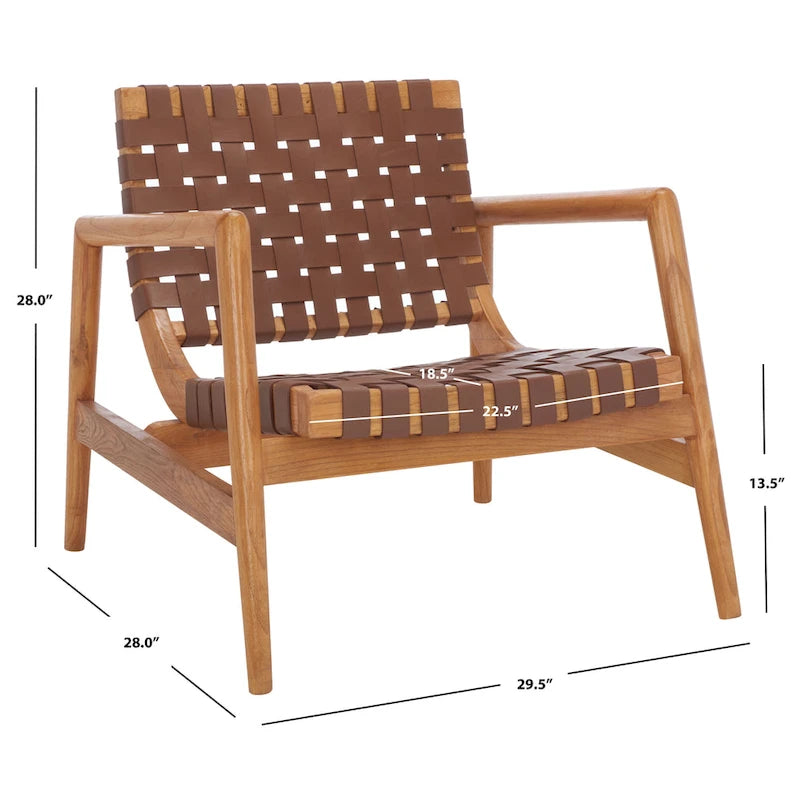Fauteuil Scandinave Rétro en Cuir Tressé Noir / Cognac / Blanc avec Cadre en Bois Naturel – 1 Place