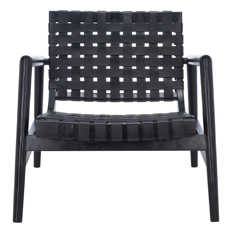 Fauteuil Scandinave Rétro en Cuir Tressé Noir / Cognac / Blanc avec Cadre en Bois Naturel – 1 Place