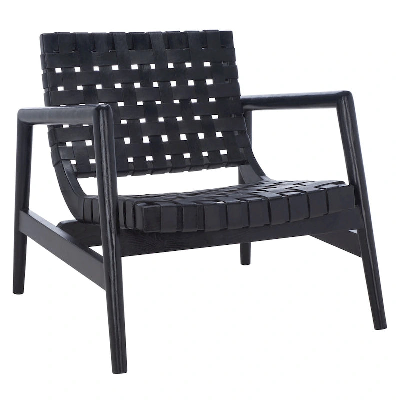 Fauteuil Scandinave Rétro en Cuir Tressé Noir / Cognac / Blanc avec Cadre en Bois Naturel – 1 Place
