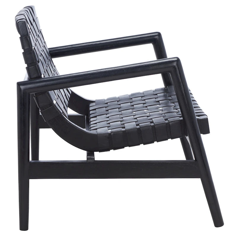 Fauteuil Scandinave Rétro en Cuir Tressé Noir / Cognac / Blanc avec Cadre en Bois Naturel – 1 Place