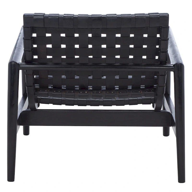 Fauteuil Scandinave Rétro en Cuir Tressé Noir / Cognac / Blanc avec Cadre en Bois Naturel – 1 Place