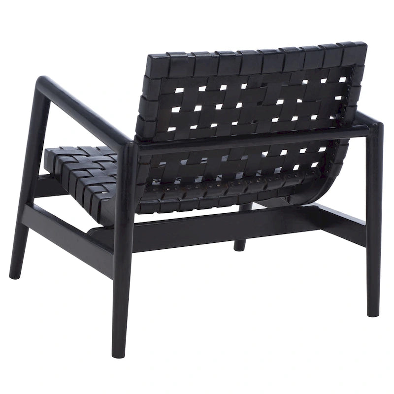 Fauteuil Scandinave Rétro en Cuir Tressé Noir / Cognac / Blanc avec Cadre en Bois Naturel – 1 Place
