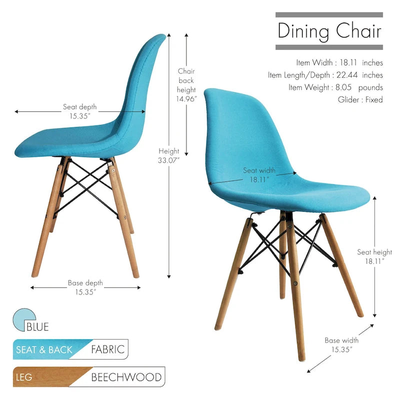 Chaise de salle à manger sans accoudoirs en tissu moderne du milieu du siècle, bleu/gris, avec pieds en bois de hêtre – 1 place