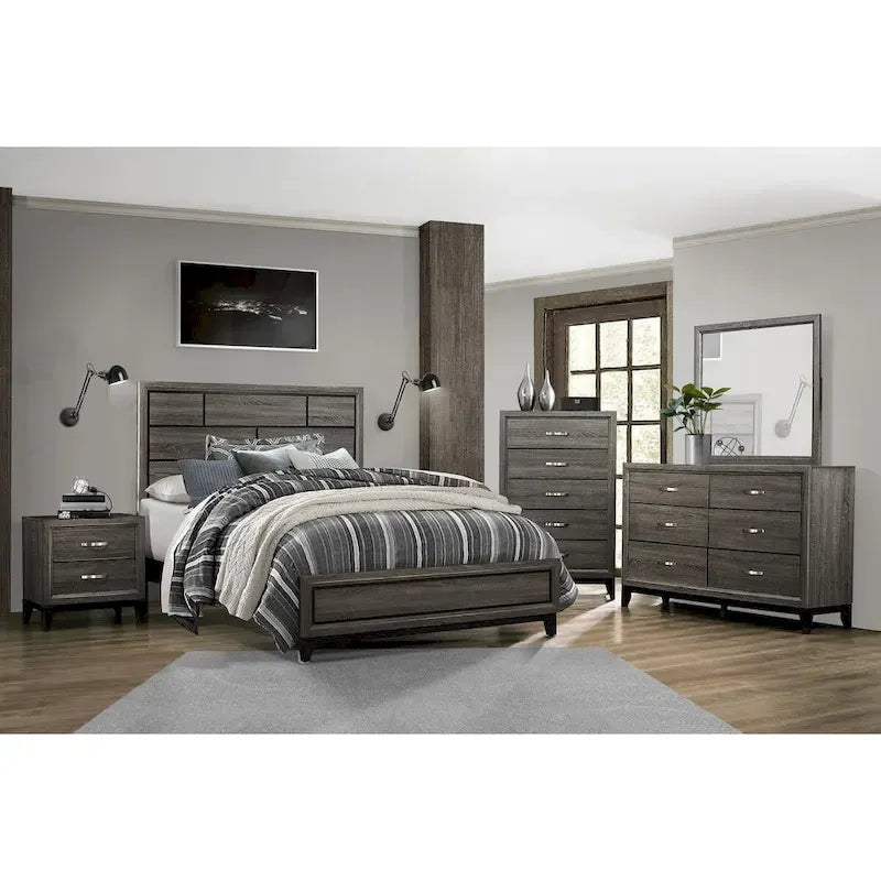Lit à panneaux gris contemporain aspect bois – Lit simple / double / grand lit / très grand lit