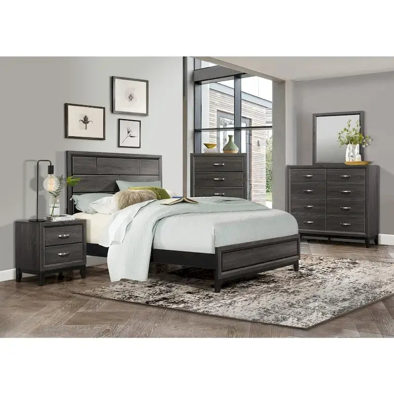 Lit à panneaux gris contemporain aspect bois – Lit simple / double / grand lit / très grand lit