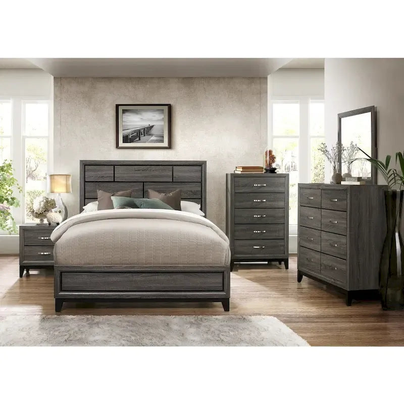 Lit à panneaux gris contemporain aspect bois – Lit simple / double / grand lit / très grand lit