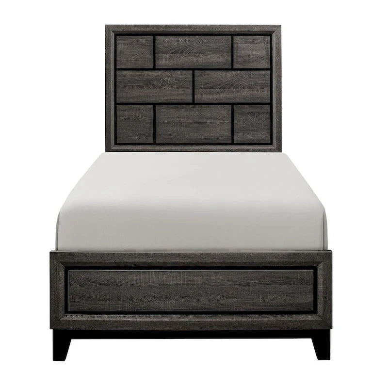 Lit à panneaux gris contemporain aspect bois – Lit simple / double / grand lit / très grand lit