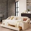 Lit de repos jumeau capitonné en velours beige/gris avec 2 tiroirs de rangement et ports USB – 1 place