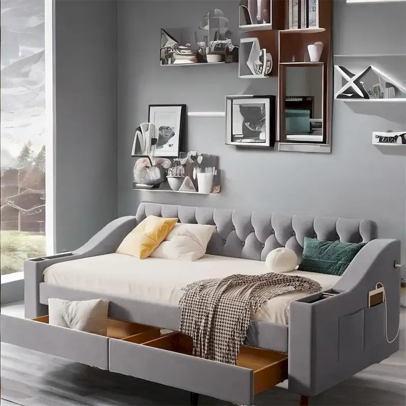 Lit de repos jumeau capitonné en velours beige/gris avec 2 tiroirs de rangement et ports USB – 1 place