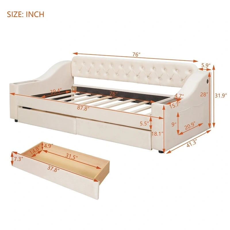 Lit de repos jumeau capitonné en velours beige/gris avec 2 tiroirs de rangement et ports USB – 1 place