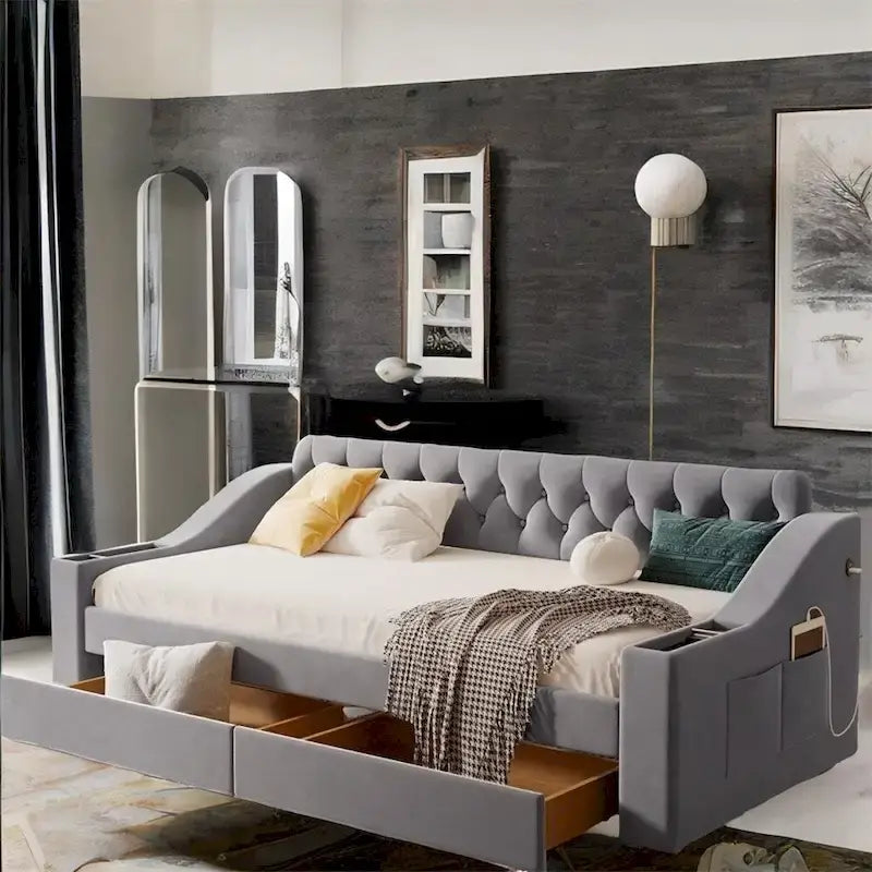 Lit de repos jumeau capitonné en velours beige/gris avec 2 tiroirs de rangement et ports USB – 1 place