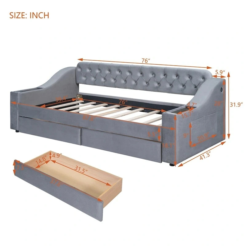 Lit de repos jumeau capitonné en velours beige/gris avec 2 tiroirs de rangement et ports USB – 1 place
