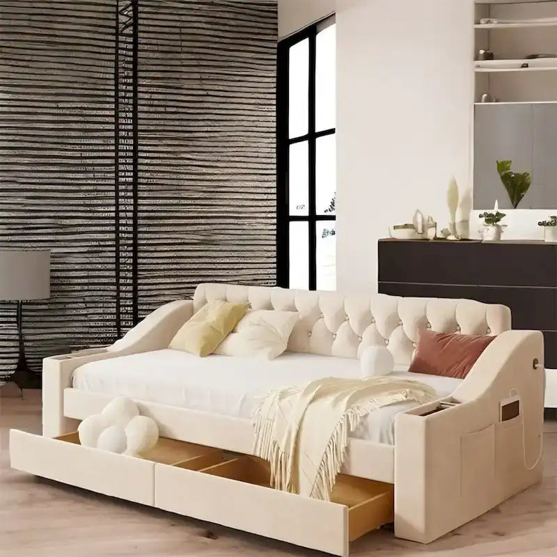 Lit de repos jumeau capitonné en velours beige/gris avec 2 tiroirs de rangement et ports USB – 1 place