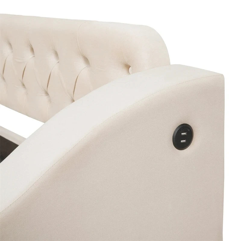 Lit de repos jumeau capitonné en velours beige/gris avec 2 tiroirs de rangement et ports USB – 1 place