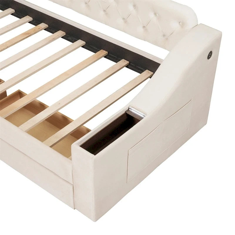 Lit de repos jumeau capitonné en velours beige/gris avec 2 tiroirs de rangement et ports USB – 1 place