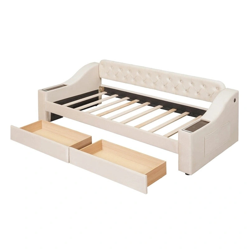 Lit de repos jumeau capitonné en velours beige/gris avec 2 tiroirs de rangement et ports USB – 1 place