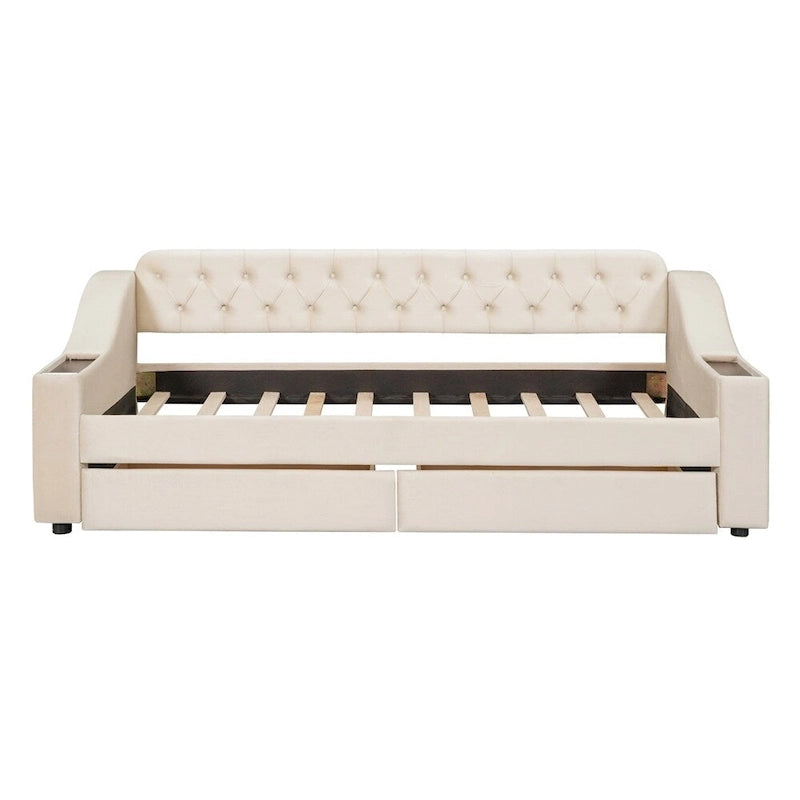 Lit de repos jumeau capitonné en velours beige/gris avec 2 tiroirs de rangement et ports USB – 1 place