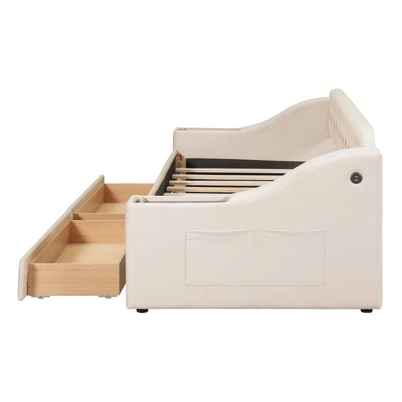 Lit de repos jumeau capitonné en velours beige/gris avec 2 tiroirs de rangement et ports USB – 1 place