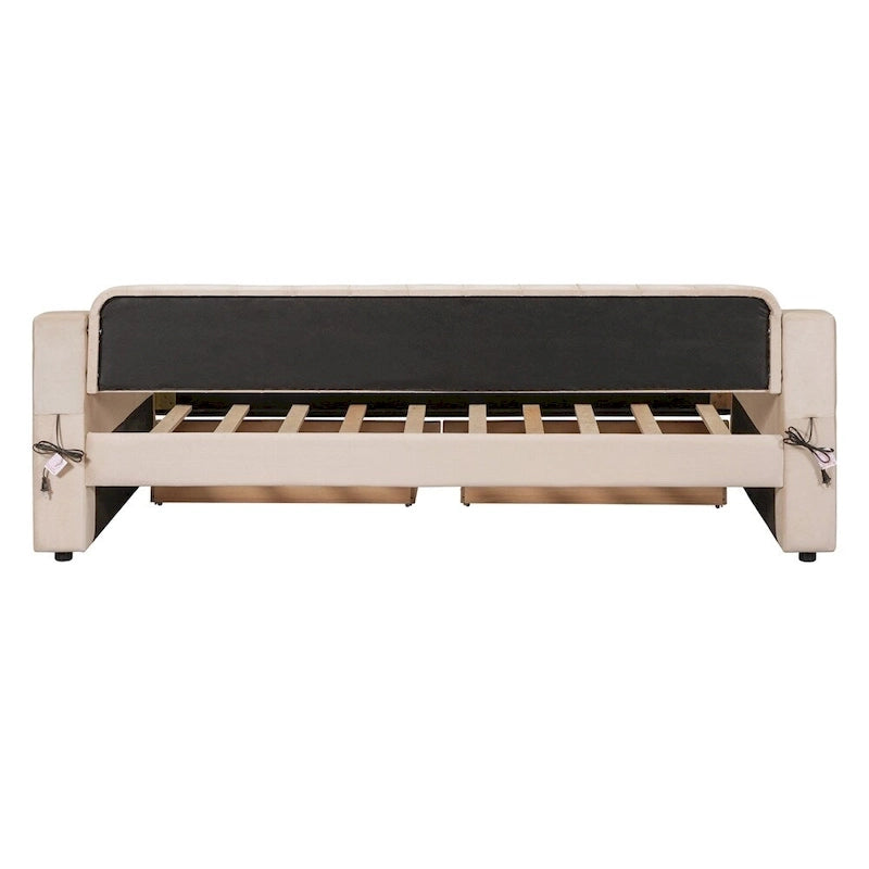 Lit de repos jumeau capitonné en velours beige/gris avec 2 tiroirs de rangement et ports USB – 1 place
