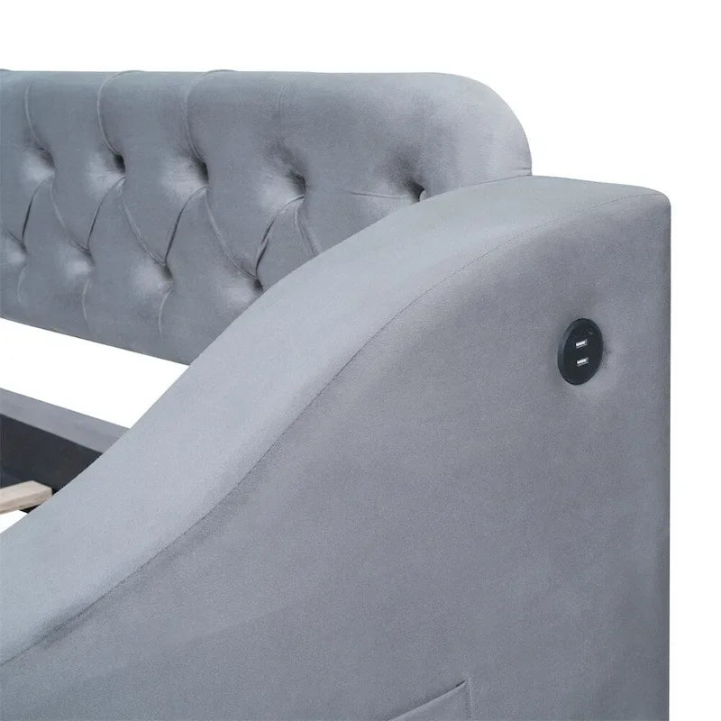 Lit de repos jumeau capitonné en velours beige/gris avec 2 tiroirs de rangement et ports USB – 1 place