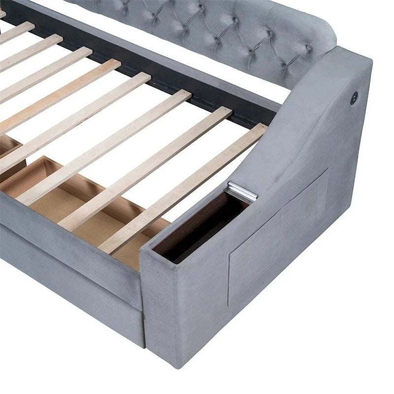 Lit de repos jumeau capitonné en velours beige/gris avec 2 tiroirs de rangement et ports USB – 1 place