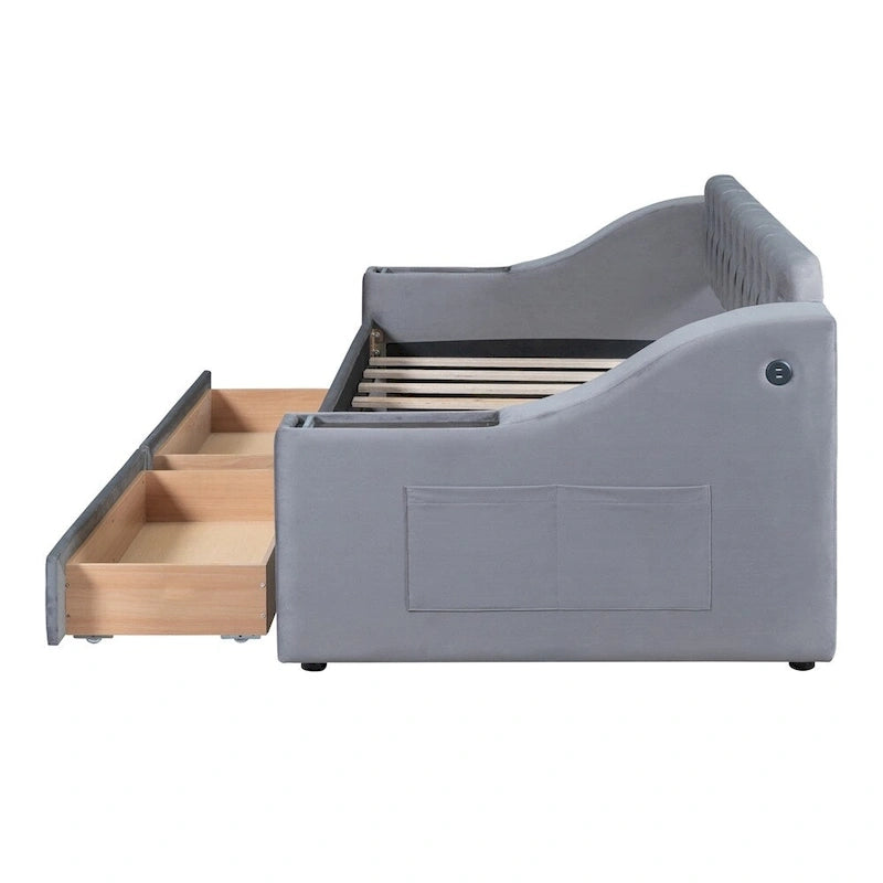 Lit de repos jumeau capitonné en velours beige/gris avec 2 tiroirs de rangement et ports USB – 1 place
