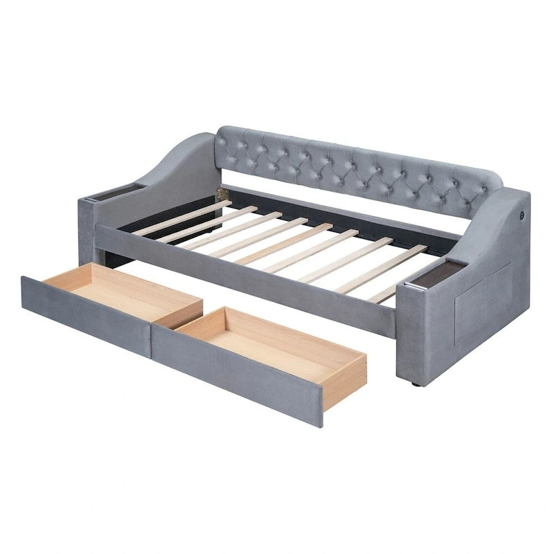 Lit de repos jumeau capitonné en velours beige/gris avec 2 tiroirs de rangement et ports USB – 1 place