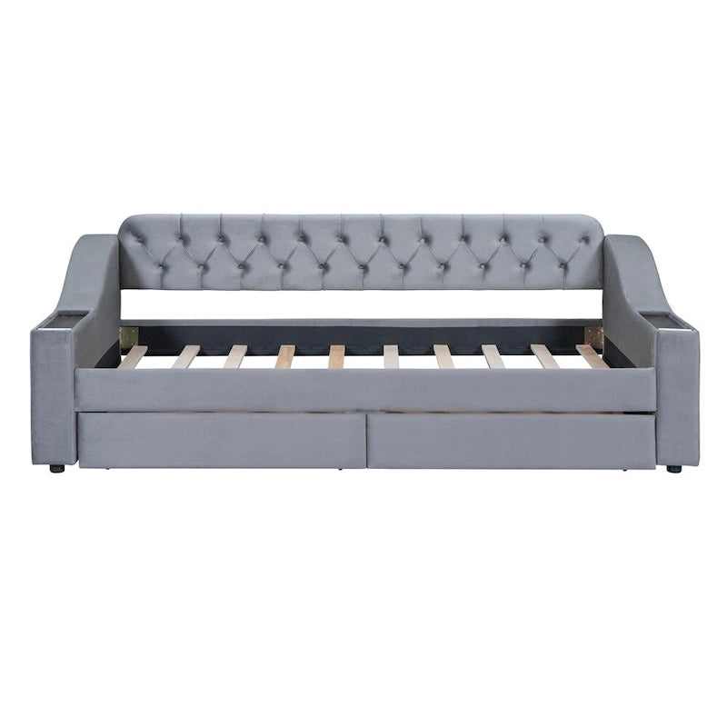 Lit de repos jumeau capitonné en velours beige/gris avec 2 tiroirs de rangement et ports USB – 1 place