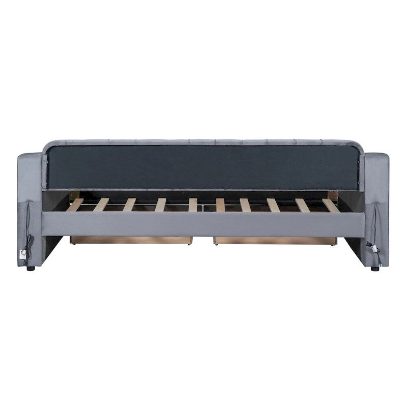 Lit de repos jumeau capitonné en velours beige/gris avec 2 tiroirs de rangement et ports USB – 1 place