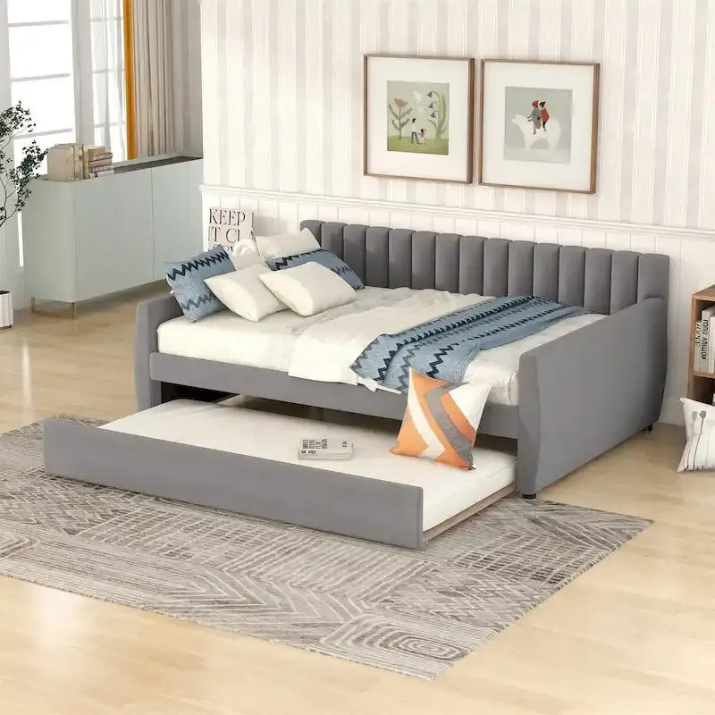 Canapé-lit gris / beige en velours avec 2 tiroirs et sommier à lattes en bois – Lit simple / Lit double