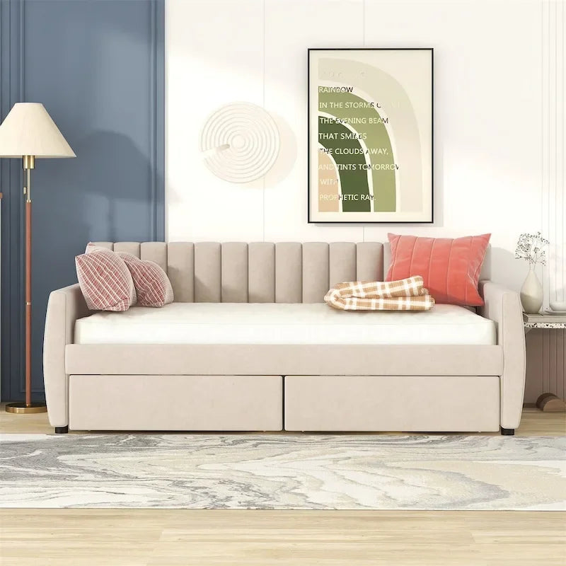 Canapé-lit gris / beige en velours avec 2 tiroirs et sommier à lattes en bois – Lit simple / Lit double