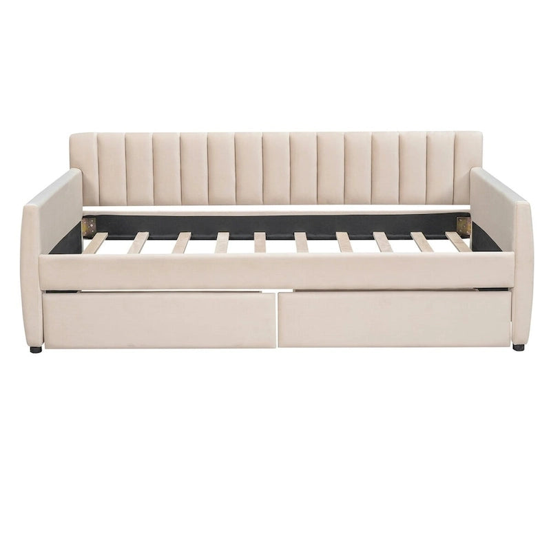 Canapé-lit gris / beige en velours avec 2 tiroirs et sommier à lattes en bois – Lit simple / Lit double