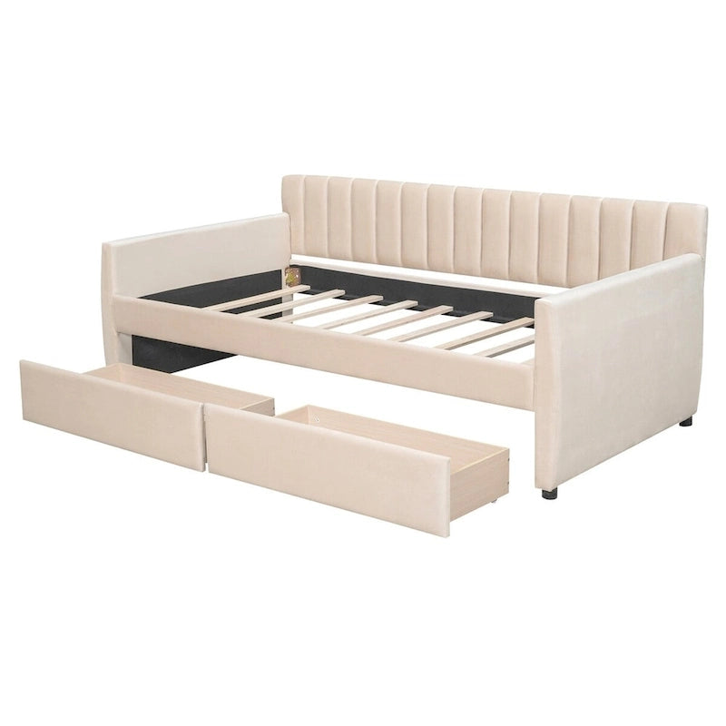 Canapé-lit gris / beige en velours avec 2 tiroirs et sommier à lattes en bois – Lit simple / Lit double