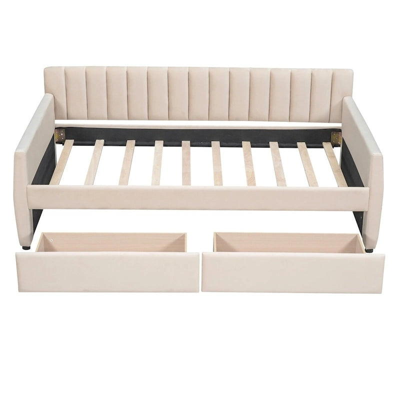 Canapé-lit gris / beige en velours avec 2 tiroirs et sommier à lattes en bois – Lit simple / Lit double