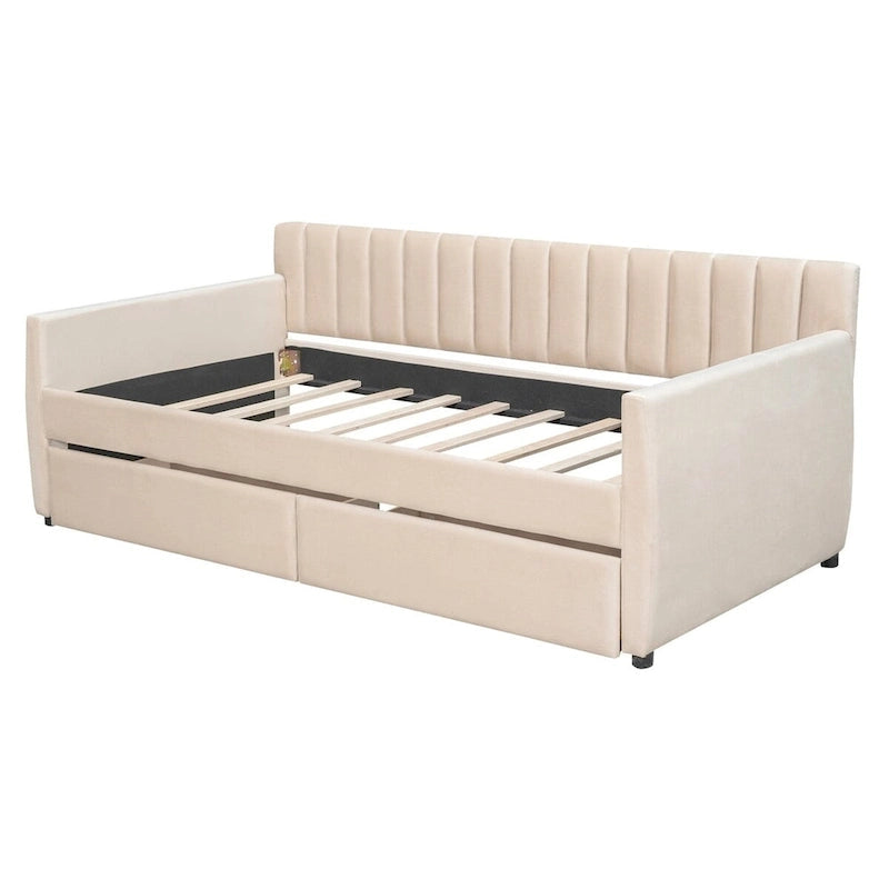 Canapé-lit gris / beige en velours avec 2 tiroirs et sommier à lattes en bois – Lit simple / Lit double