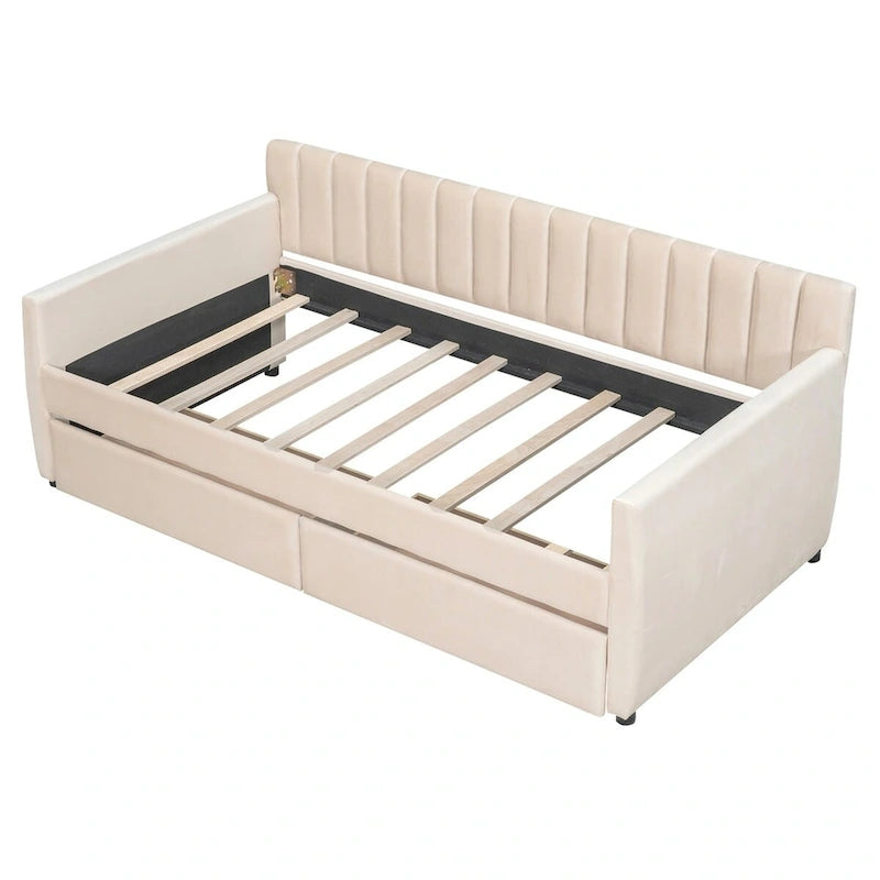 Canapé-lit gris / beige en velours avec 2 tiroirs et sommier à lattes en bois – Lit simple / Lit double