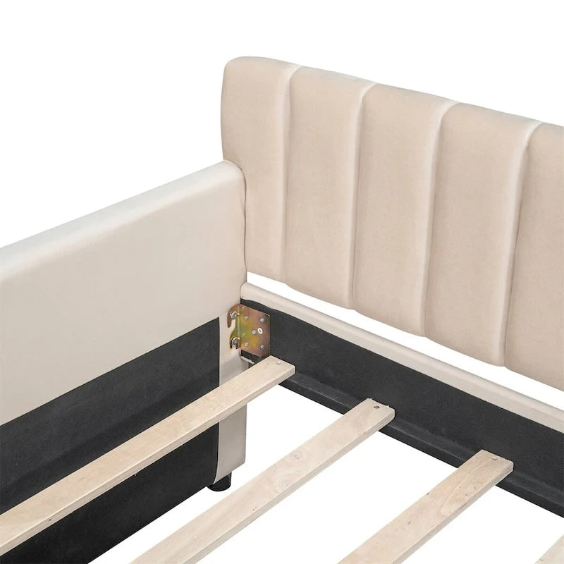 Canapé-lit gris / beige en velours avec 2 tiroirs et sommier à lattes en bois – Lit simple / Lit double
