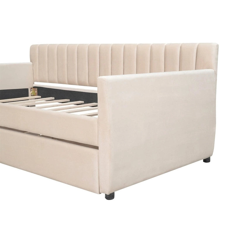 Canapé-lit gris / beige en velours avec 2 tiroirs et sommier à lattes en bois – Lit simple / Lit double