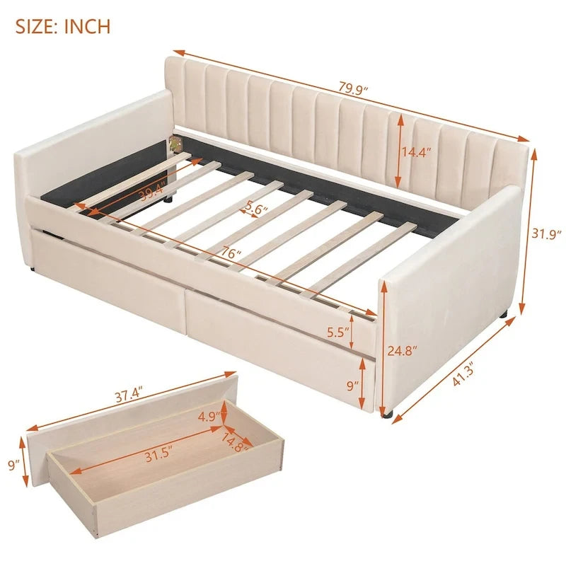 Canapé-lit gris / beige en velours avec 2 tiroirs et sommier à lattes en bois – Lit simple / Lit double