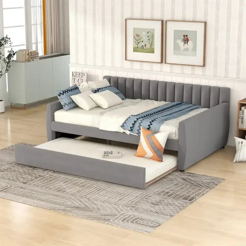 Canapé-lit gris / beige en velours avec 2 tiroirs et sommier à lattes en bois – Lit simple / Lit double