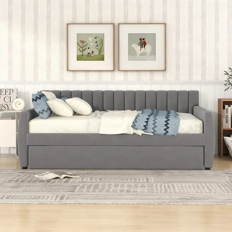 Canapé-lit gris / beige en velours avec 2 tiroirs et sommier à lattes en bois – Lit simple / Lit double