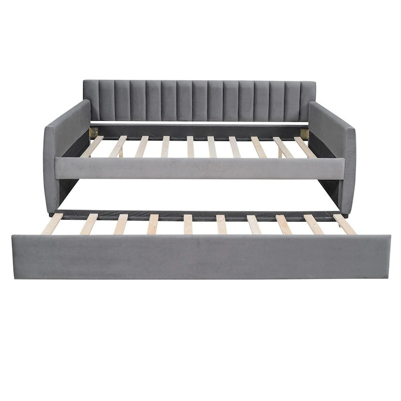Canapé-lit gris / beige en velours avec 2 tiroirs et sommier à lattes en bois – Lit simple / Lit double