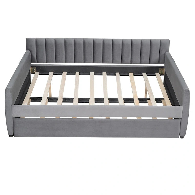 Canapé-lit gris / beige en velours avec 2 tiroirs et sommier à lattes en bois – Lit simple / Lit double