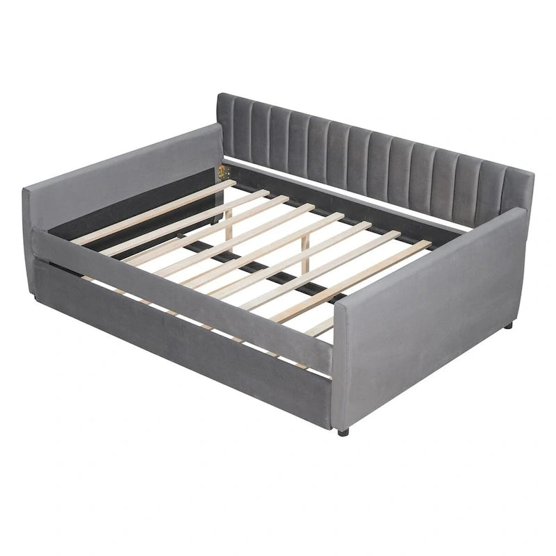 Canapé-lit gris / beige en velours avec 2 tiroirs et sommier à lattes en bois – Lit simple / Lit double